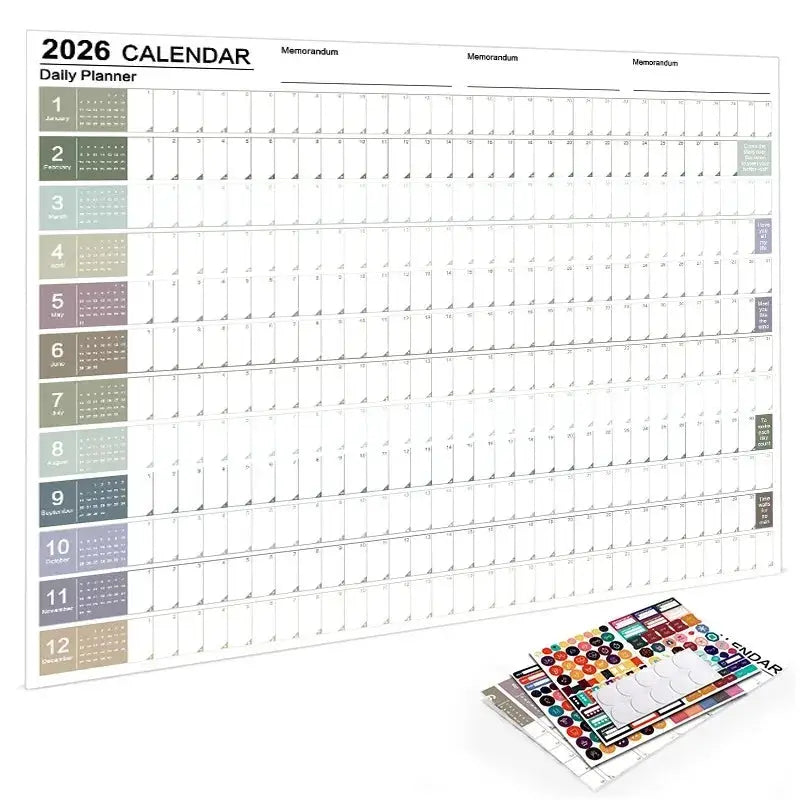 Simples Market 2026 calendar wall planner sheet with 12-month grid and color-coded blocks; includes sticker sheets.