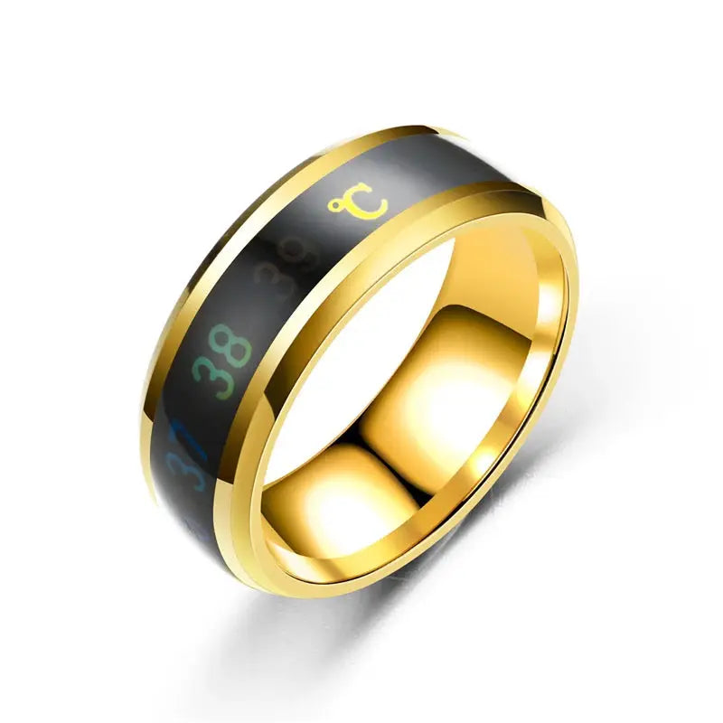 Smart stainless steel ring with gold-tone finish and black numbered mood strip