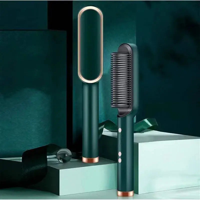 Two teal hair styling tools: wand dryer and brush/straightener with ceramic components