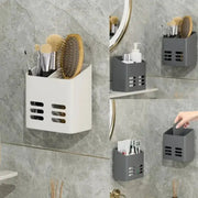 Bathroom wall-mount makeup storage organizer, no-drill shelf for brushes and toiletries, white and gray