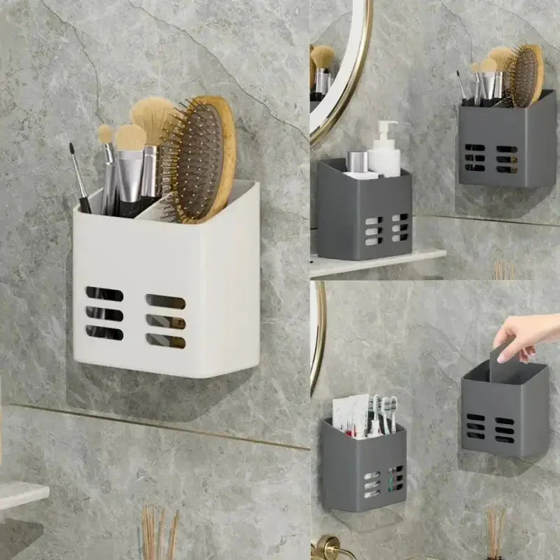 Bathroom wall-mount makeup storage organizer, no-drill shelf for brushes and toiletries, white and gray