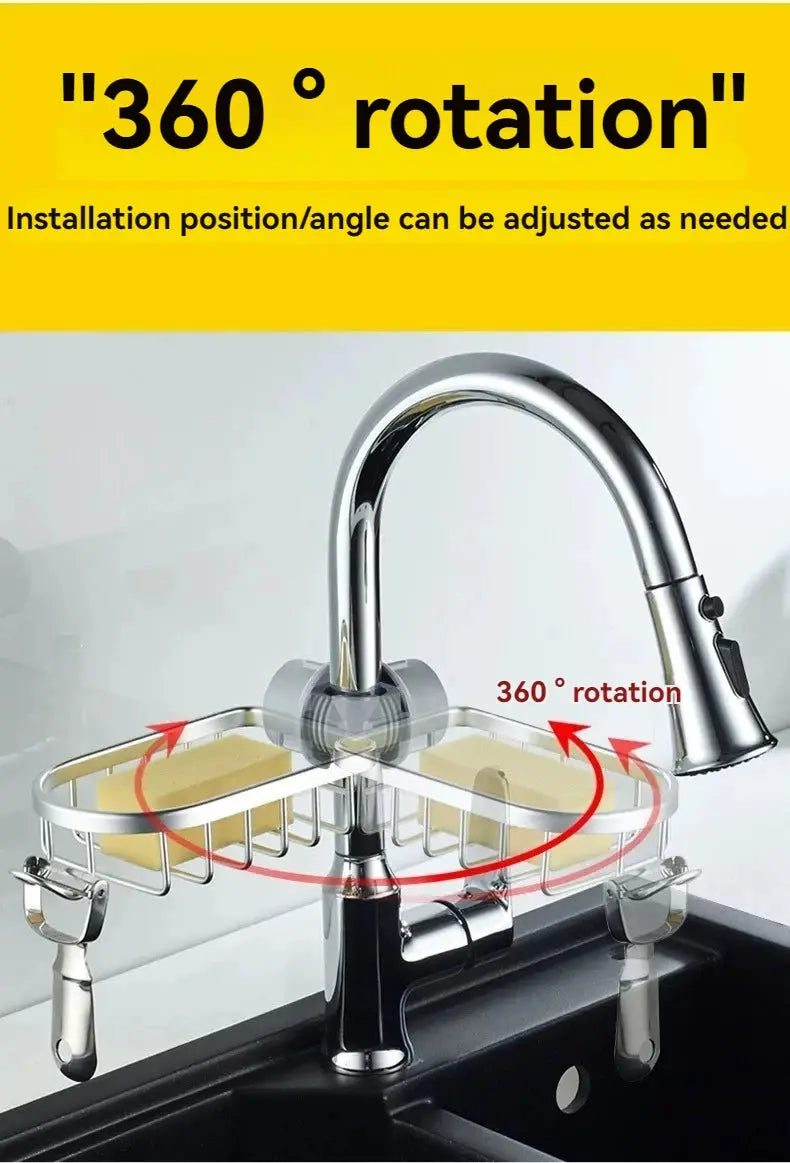 Shower rack with 360° rotation around faucet, aluminum chrome finish, two-tier basket and side hooks, Simples Market.