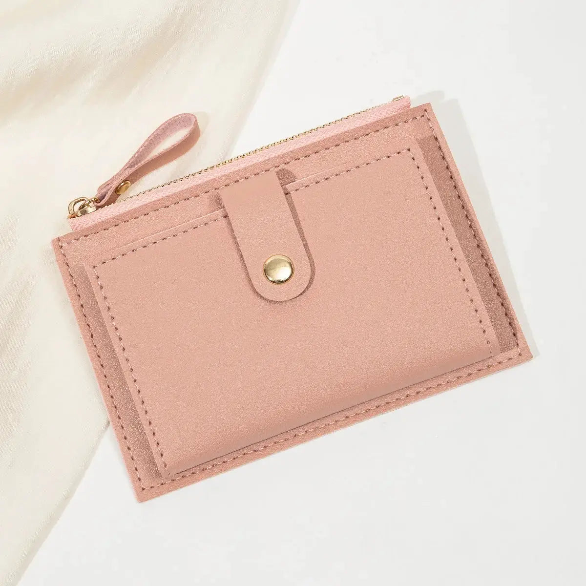 Simples Market pink minimalist ultra-thin PU leather card wallet with zipper and wrist strap