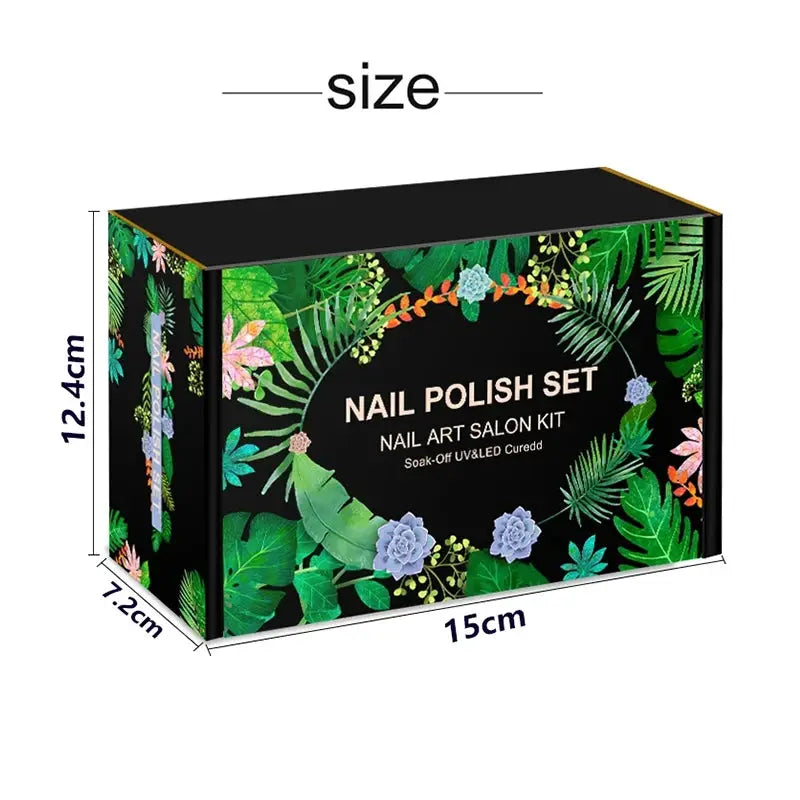 Nail polish set, 28-piece, with glass bottles in a colorful floral box; Simples Market UV/LED soak-off kit.