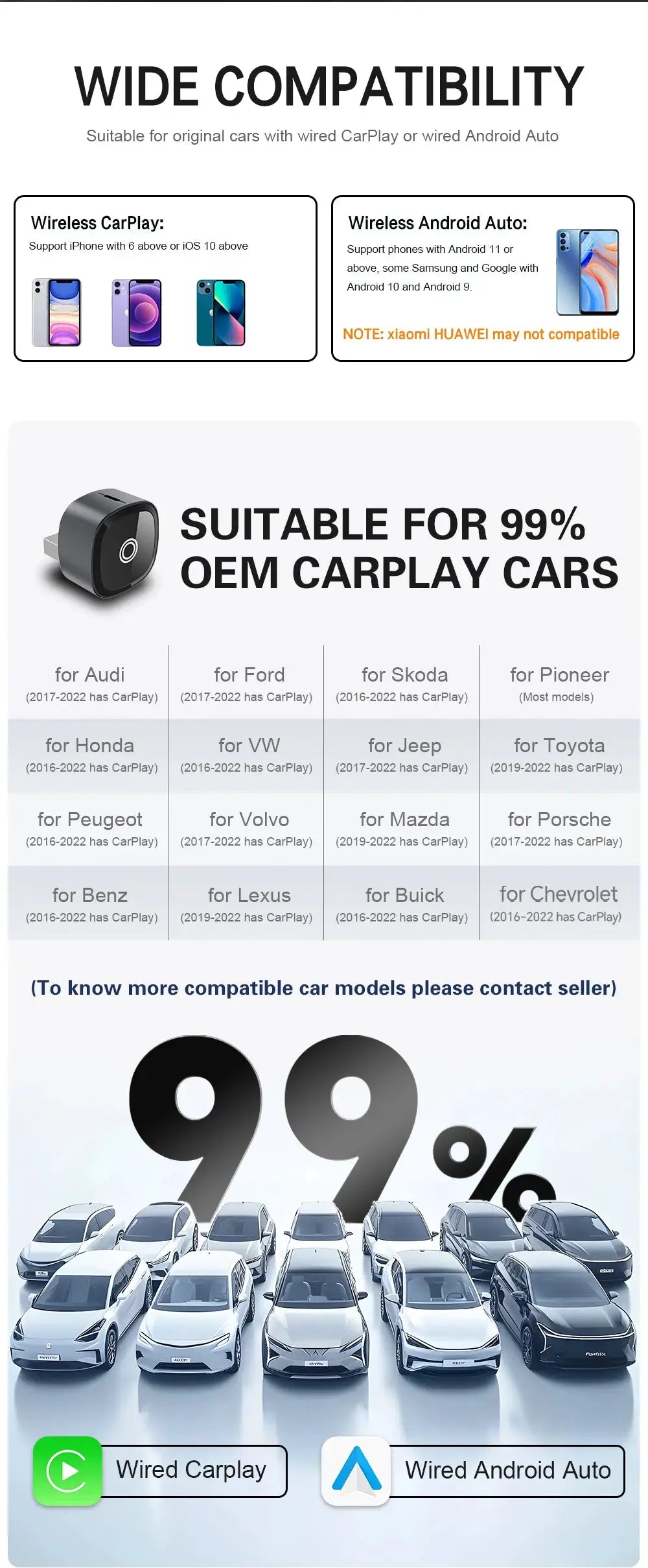 XUDA 2in1 wireless CarPlay/Android Auto adapter by Simples Market; compatible with VW, Toyota, Nissan, Honda, Ford, Benz.