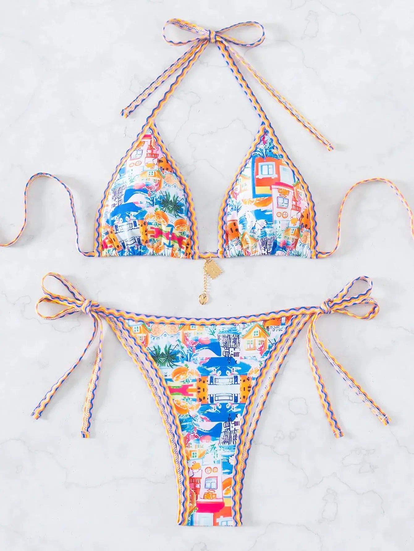 2026 New Triangle Bikini Set by Simples Market, floral print push-up triangle top with braided straps, Brazilian bottoms