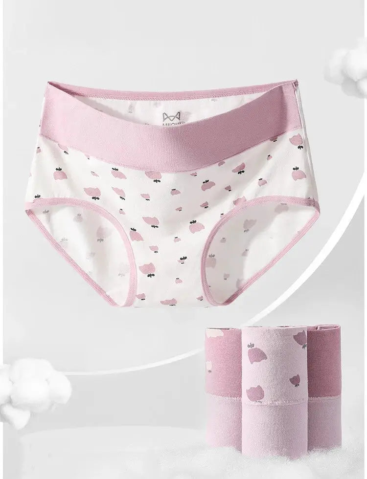 Simples Market 4-pack cotton women panties with pink waistband white base with fashion print, breathable high-rise briefs