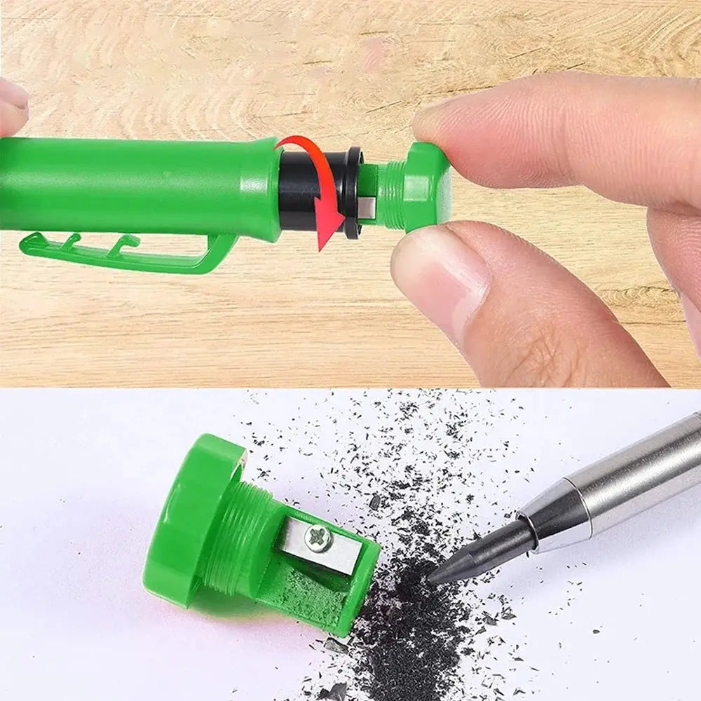 Green plastic carpenter mechanical pencil for woodworking with long head and refill leads