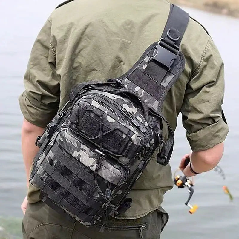 Tactical sling bag by Simples Market in gray digital camouflage with MOLLE, compact crossbody daypack.
