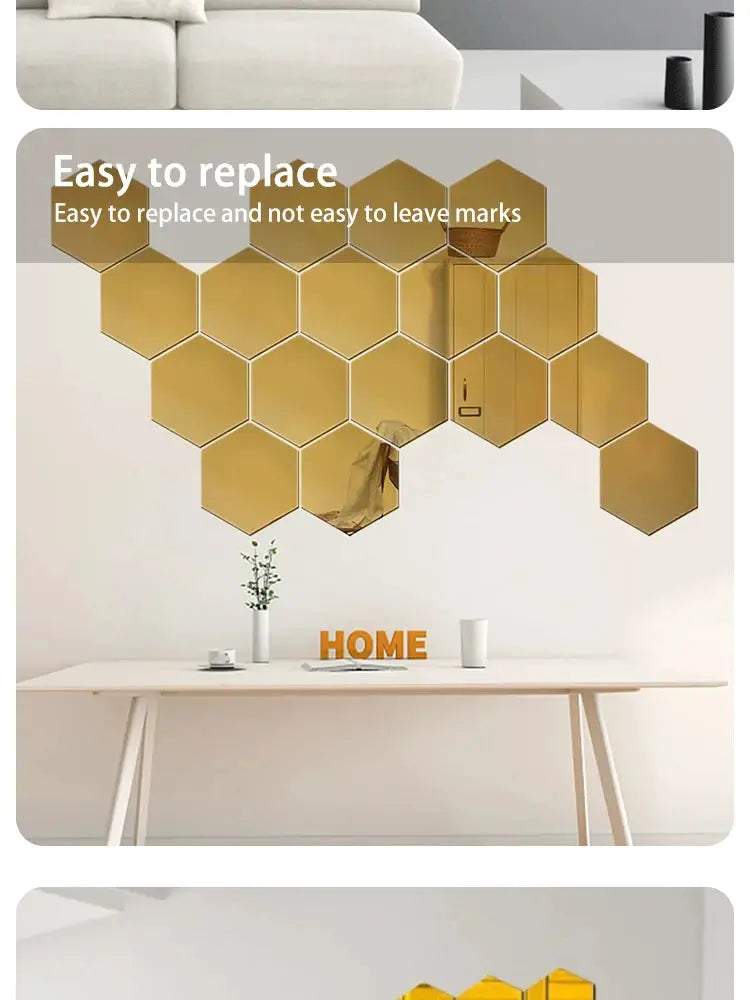 Hexagonal acrylic mirror wall stickers in gold, 12-piece honeycomb decor arranged on the wall above a desk.