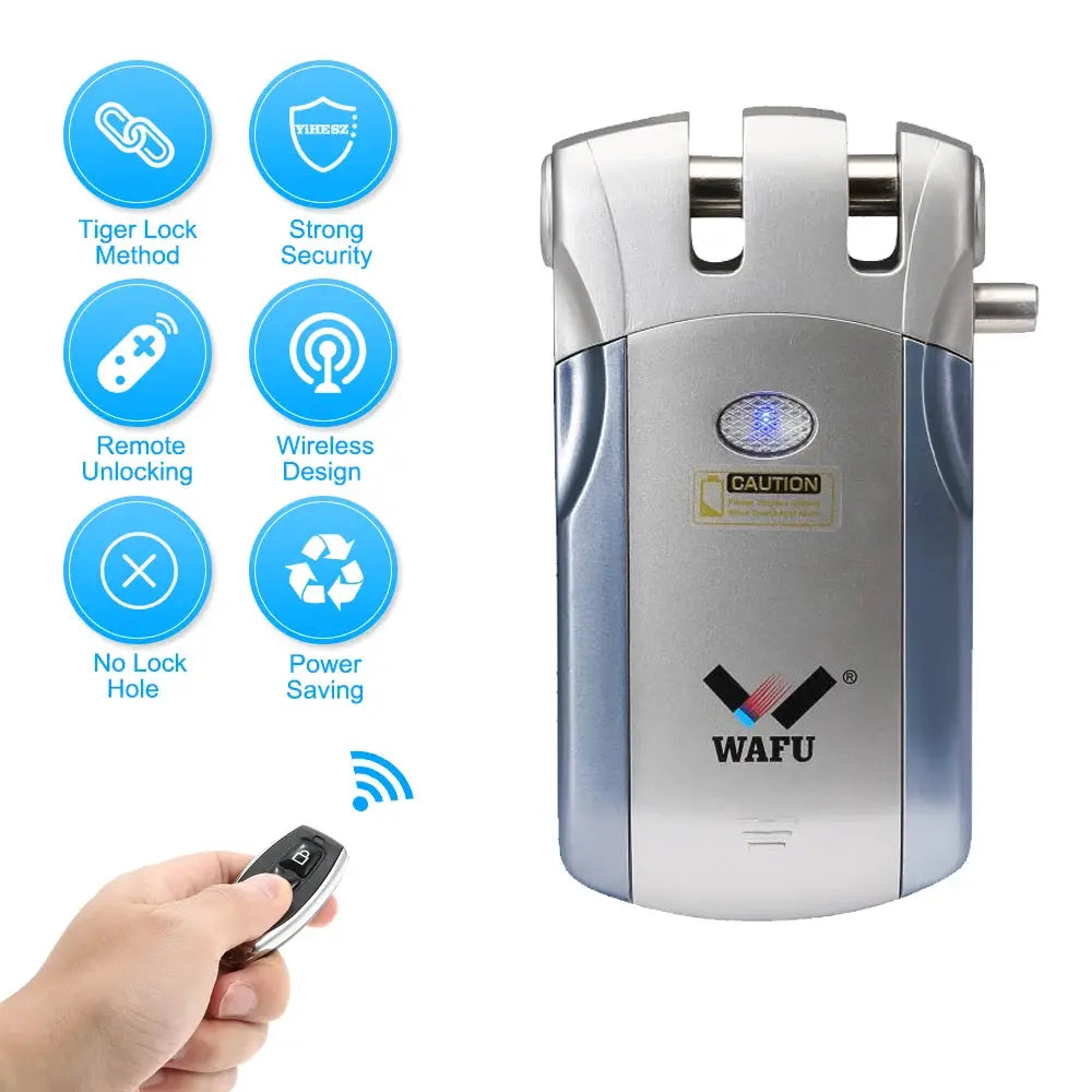 WAFU 019 Remote Control Lock 433MHz Door Lock with 5 chrome-plated remotes, silver body