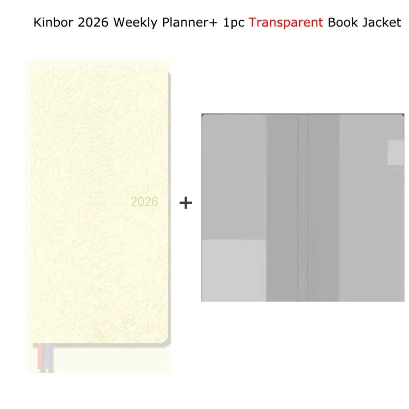 Kinbor 2026 weekly planner notebook with cream textured cover and ribbon bookmarks, plus 1pc transparent book jacket