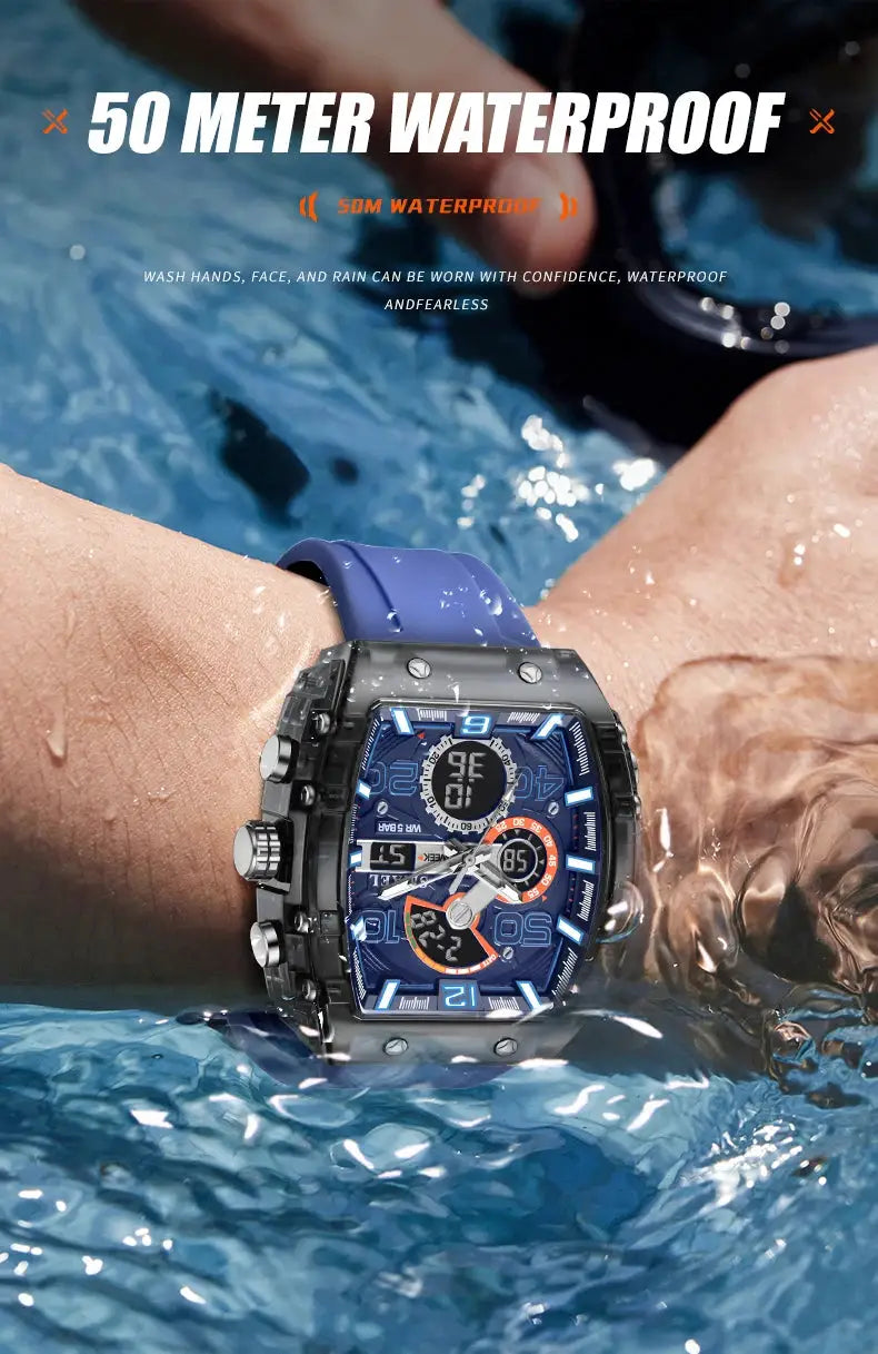 SMAEL men's square dual-display sport watch with blue dial and blue silicone strap, 50m water resistant