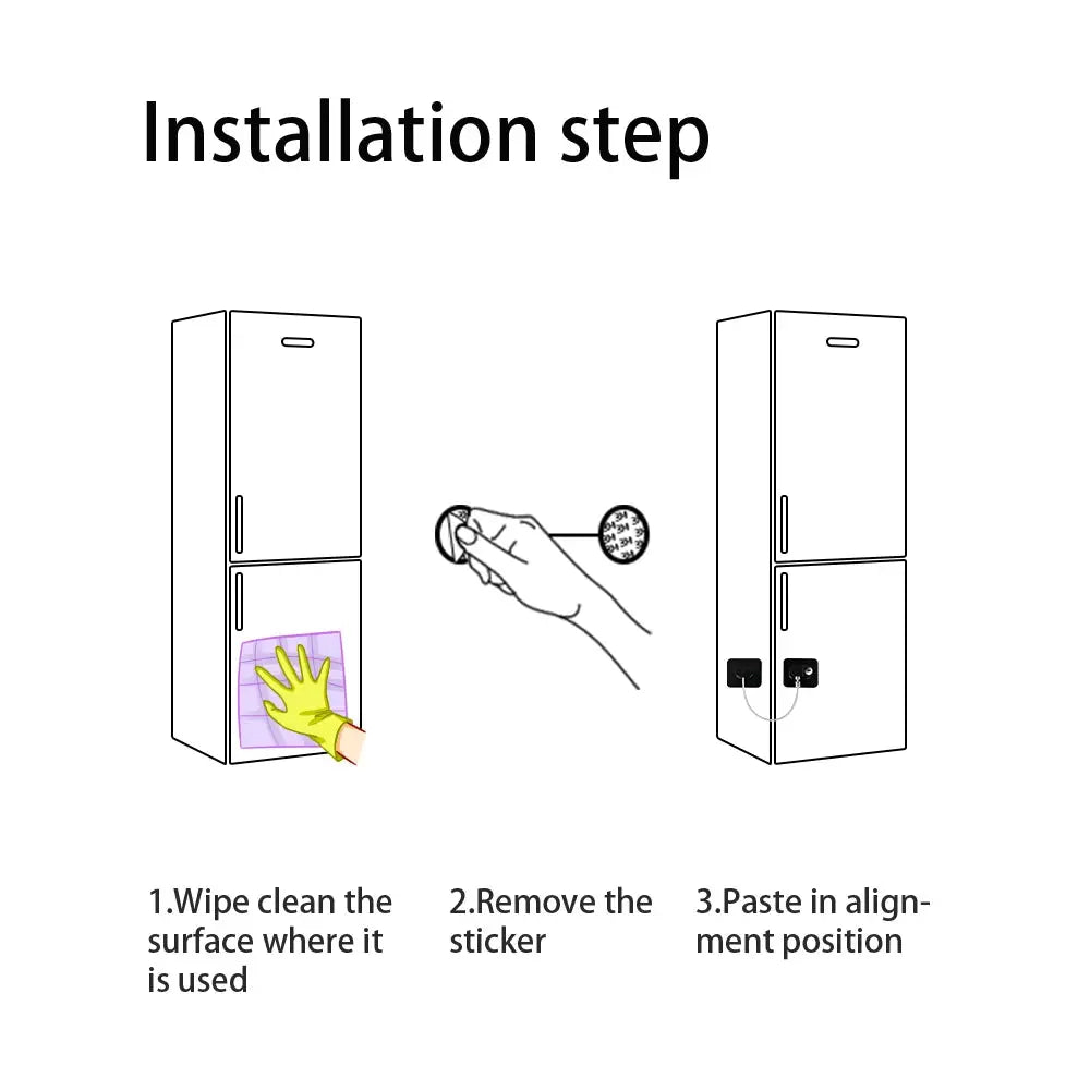 Simples Market baby safety lock cable for doors/windows; adhesive installation steps: wipe surface, remove sticker, align and paste
