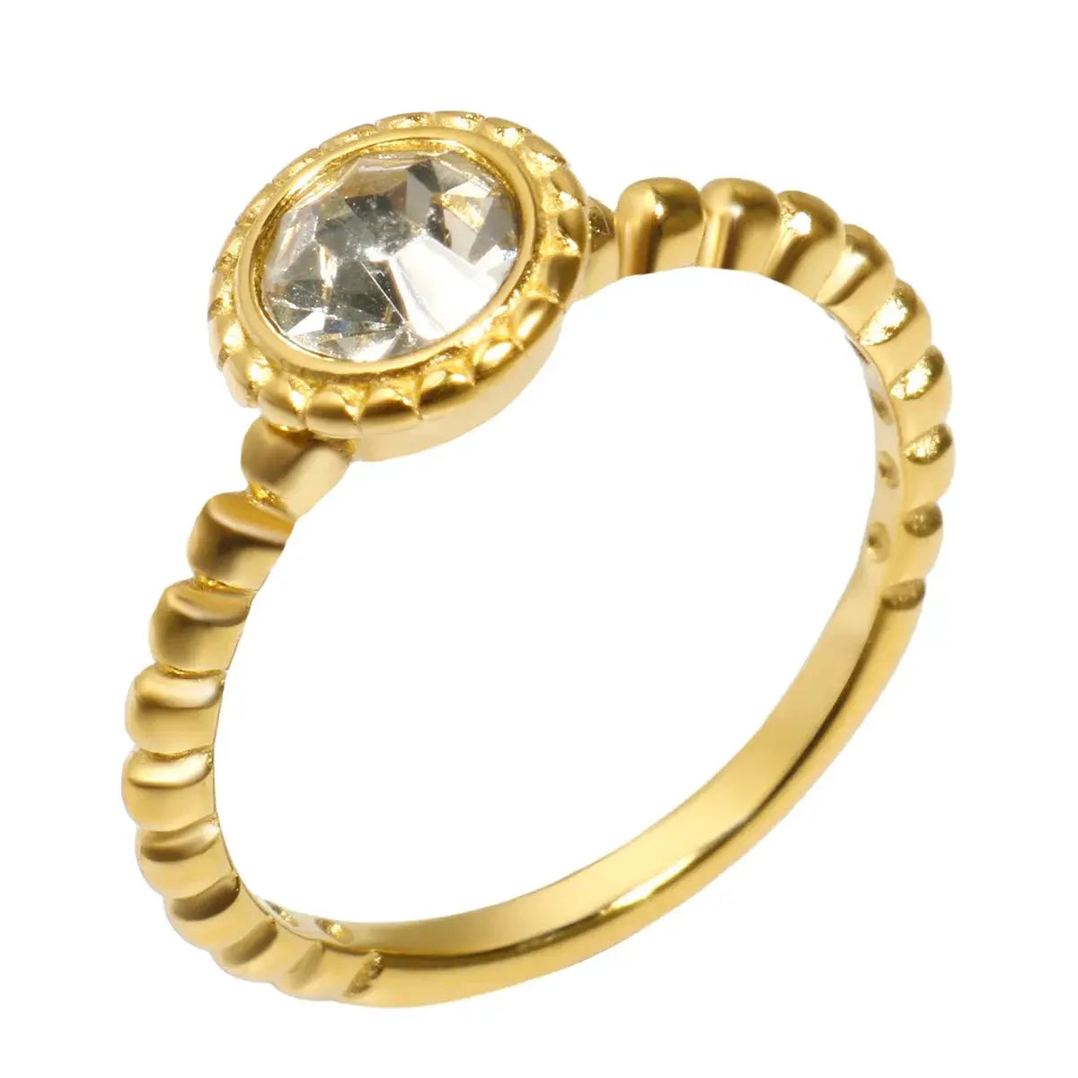 Gold Stainless Steel Ring With Round Bead And Clear Crystal Zircon Waterproof Everyday Fine Jewelry