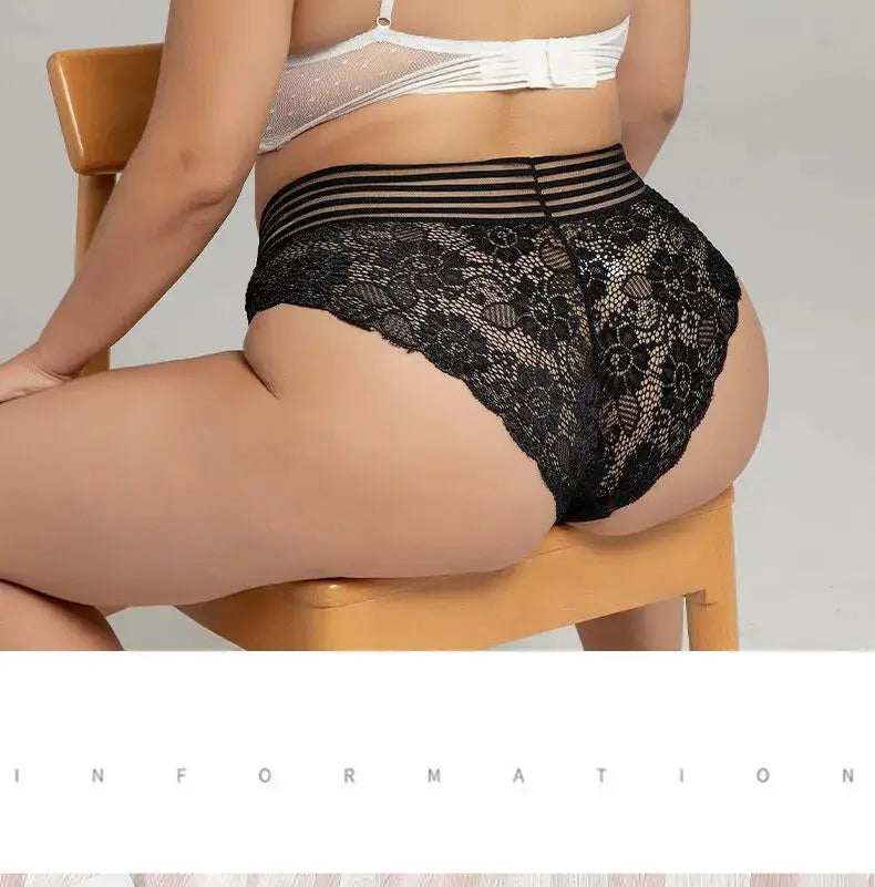 Black lace panties with floral pattern and striped waistband