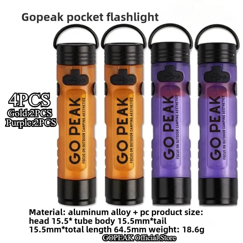 GoPeak pocket flashlight set, 4 pcs (2 orange, 2 purple) with key clip.