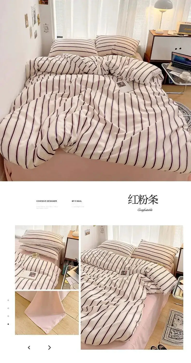 Simples Market striped duvet cover and four-piece washed cotton sheet set on bed, red and blue stripes