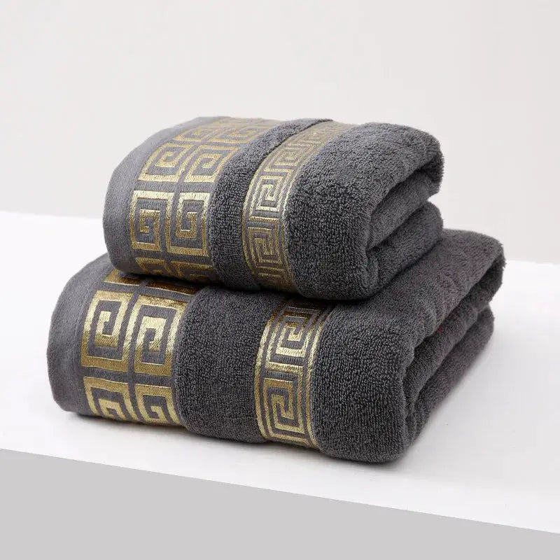 2pc black bathroom towel set, 100% cotton with gold Greek key band