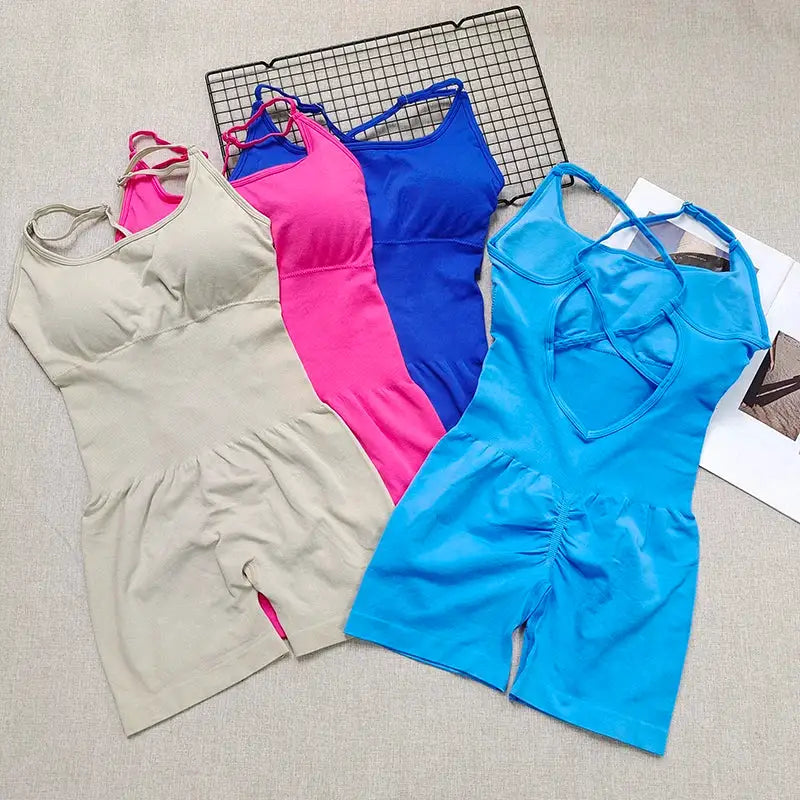 FlexFit Seamless Peach Hip Yoga Jumpsuit Quick Dry Stretch Knit Fabric With Removable Pads