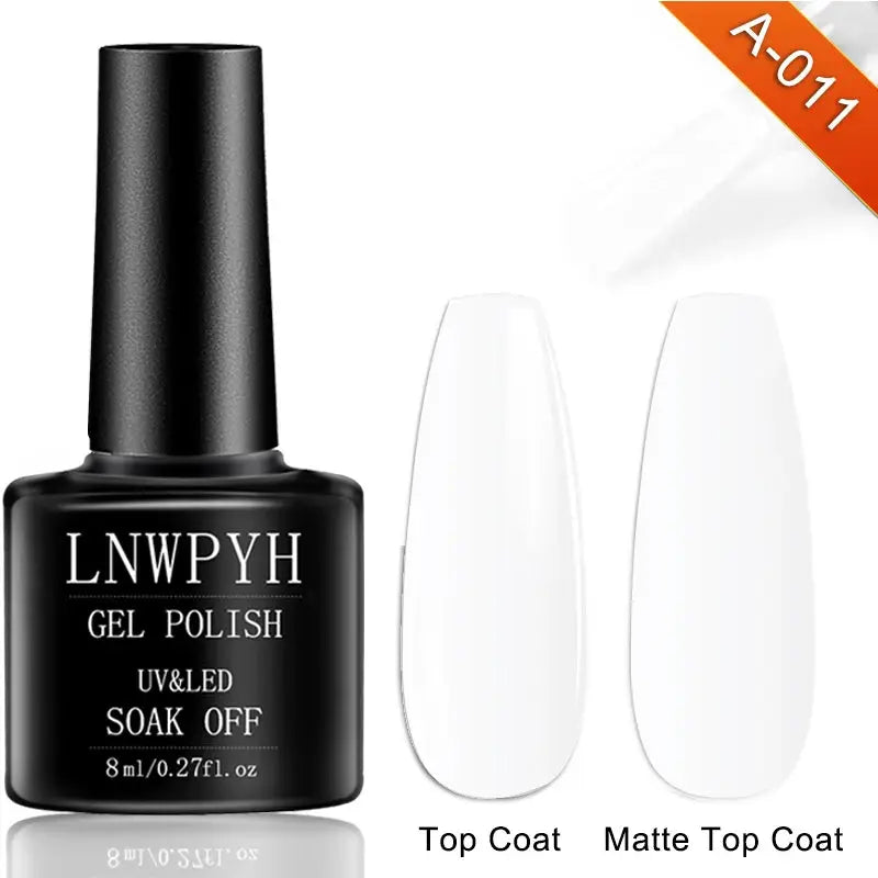 Gel nail polish bottle by LNWPYH with UV/LED soak-off, plus two clear nail tips labeled Top Coat and Matte Top Coat