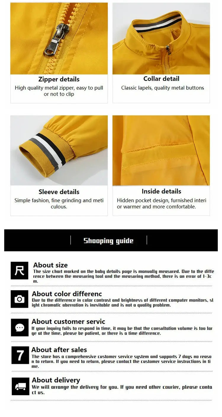 Yellow men's bomber jacket by Simples Market with metal zipper, striped ribbed cuffs, and hidden inside pocket.