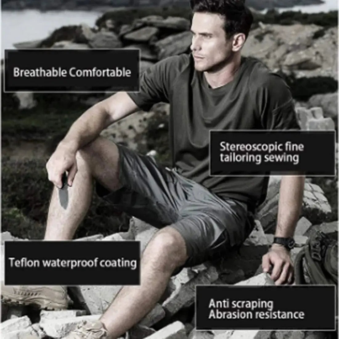 Men's urban military cargo shorts in grey camo, breathable quick-dry fabric