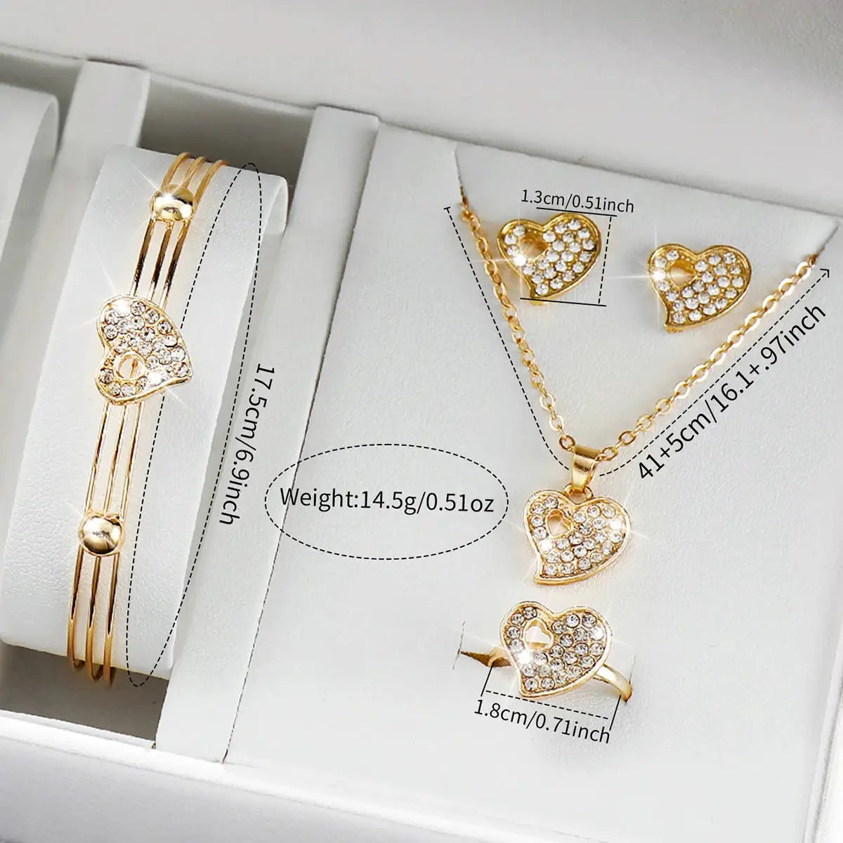 Gold-tone 6pc heart-crystal jewelry set: bracelet, necklace with two crystal heart pendants, and ring