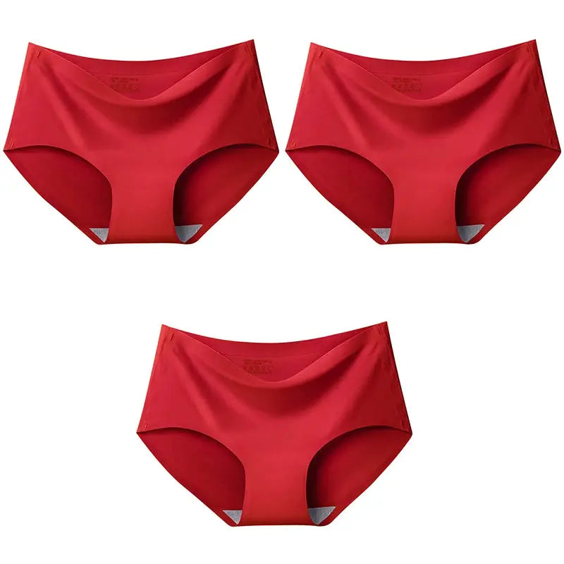 Set of 3 red seamless women's panties, XXL mid-waist briefs in breathable ice silk fabric.