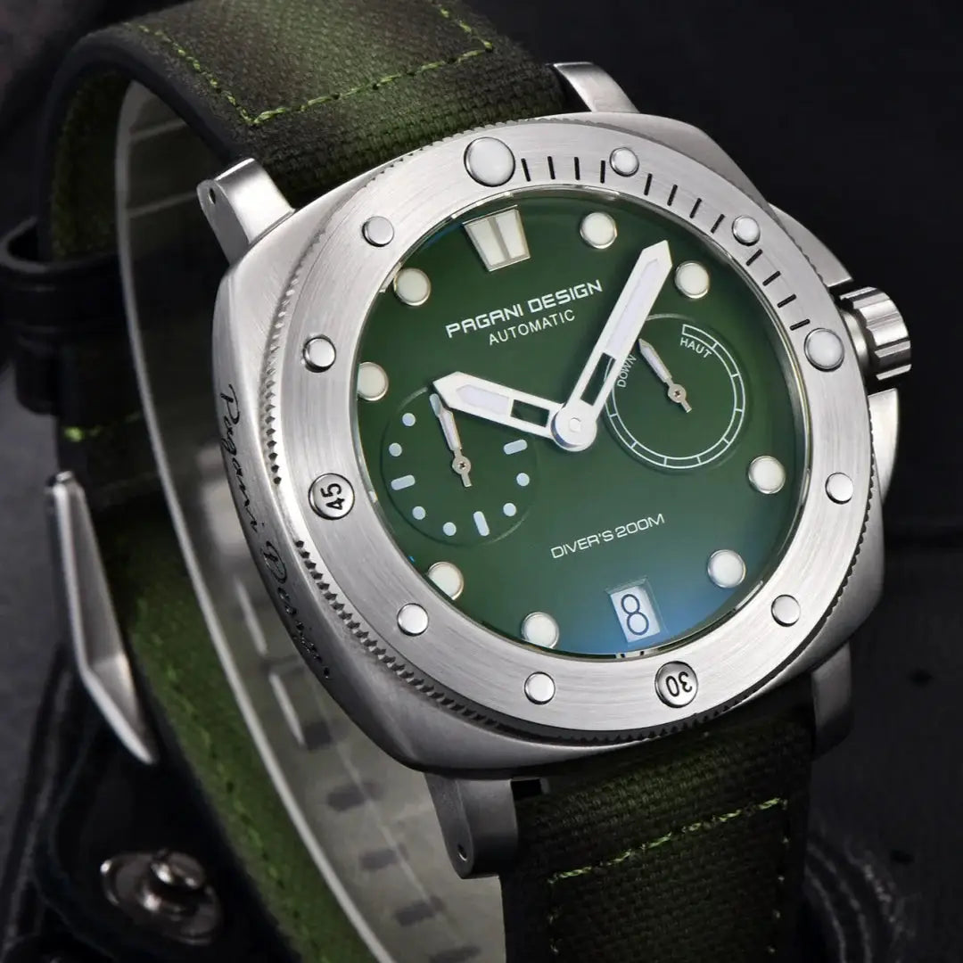 PAGANI DESIGN automatic diver watch for men, green dial, 200M waterproof, stainless steel case, green fabric strap.