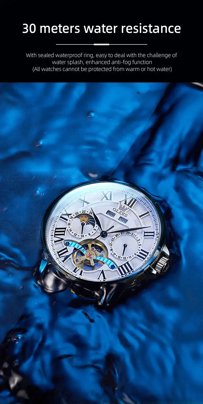 OLEVS 7013 men's moon phase mechanical watch, silver dial with Roman numerals and blue accents