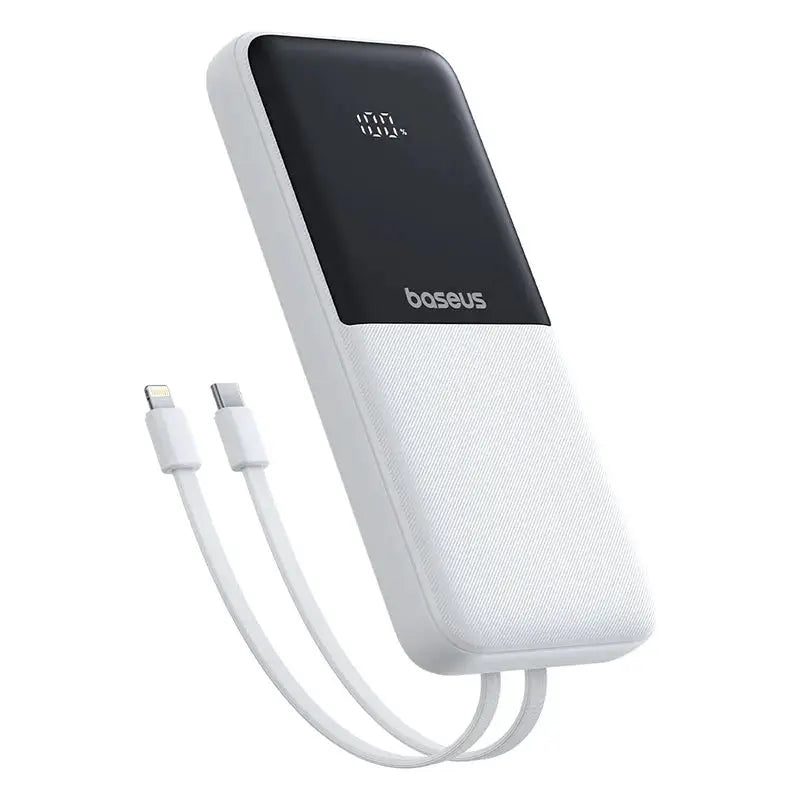 Baseus power bank 20000mAh PD 22.5W fast charging; white body with black top and 2 built-in cables (Lightning, USB-C)