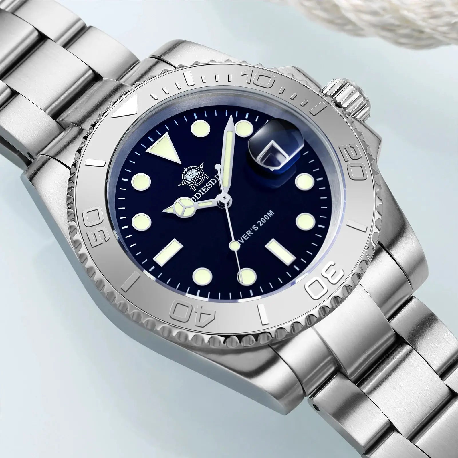ADDIESIDVE men's stainless steel diver watch with blue dial, luminous markers, 200m water resistance