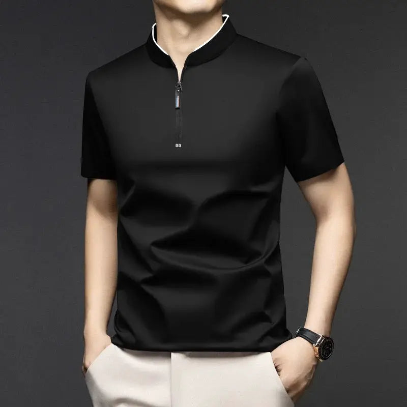 Simples Market men's black short-sleeved zip polo shirt with stand-up collar