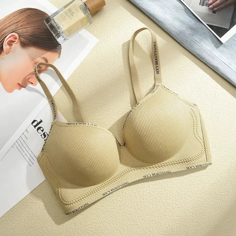 Beige FINETOO seamless push-up bra with SEXY BEAUTYGIRL band for everyday wear