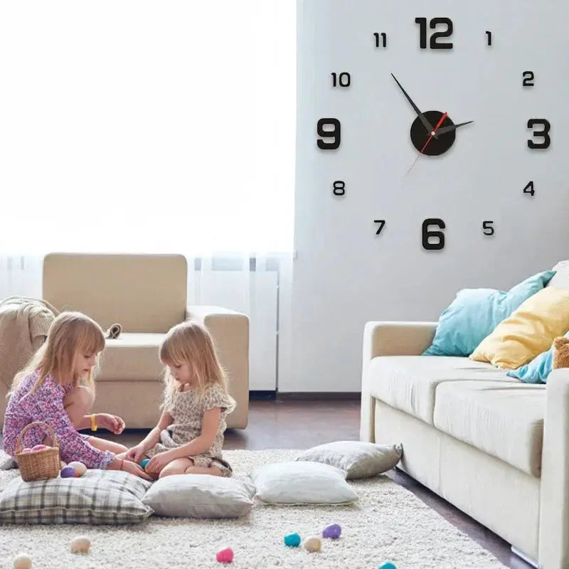 Large 3D DIY silent wall clock punch-free sticker with black numbers on white wall by Simples Market