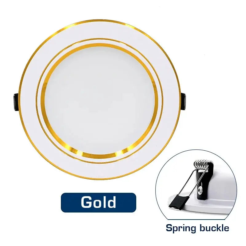 LED recessed round ceiling light in gold finish; Simples Market brand with spring buckle hardware