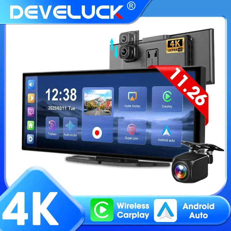 Develuck 4K Dash Cam With Wireless CarPlay Android Auto 5G Navigation