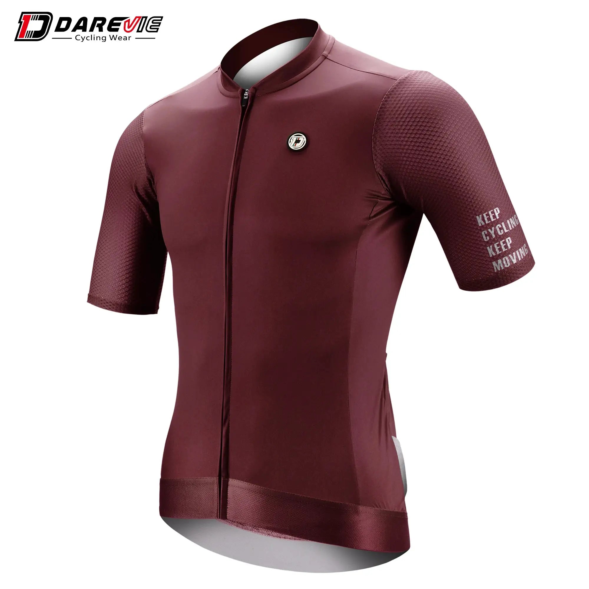 DAREVIE cycling jersey in burgundy with textured sleeves; SPF 50+ training level, Simples Market badge.
