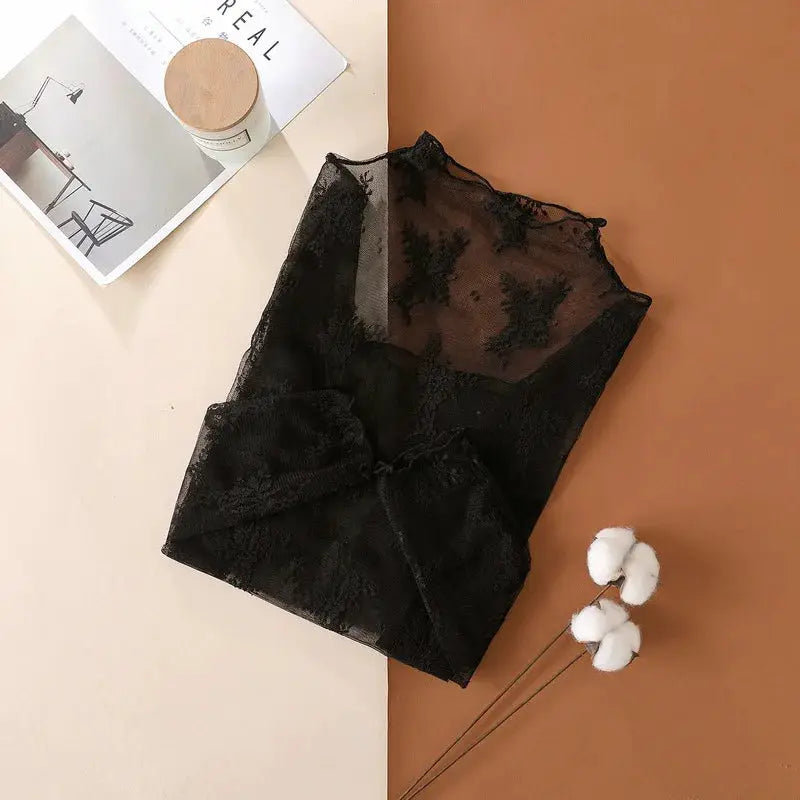 NovaLace Sheer Mesh Blouse With Floral Lace Long Sleeve See Through Top for Women