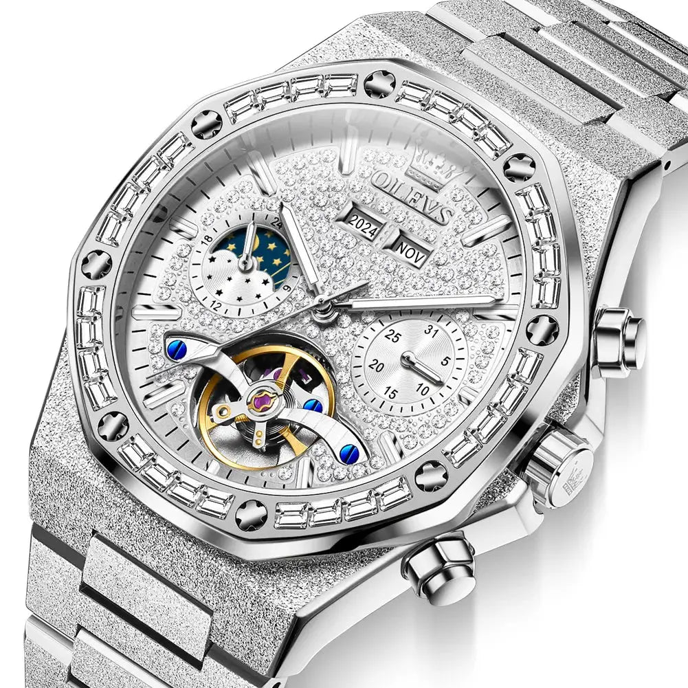 OLEVS men's luxury stainless steel watch with diamond-studded dial and visible tourbillon