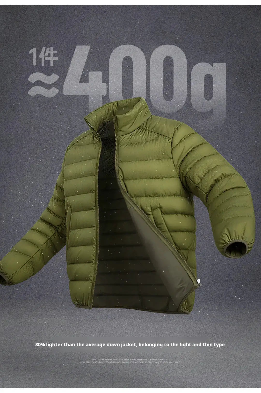 Maden Winter men's stand-up collar down jacket, olive green, lightweight with hydrophobic white duck down filling