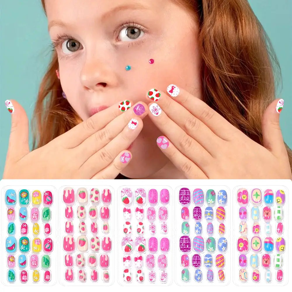 KawaiiKidz Kids Cartoon Press On Nails Acrylic Full Cover Short False Nails Safe Easy To Apply Jelly Glue 120Pcs