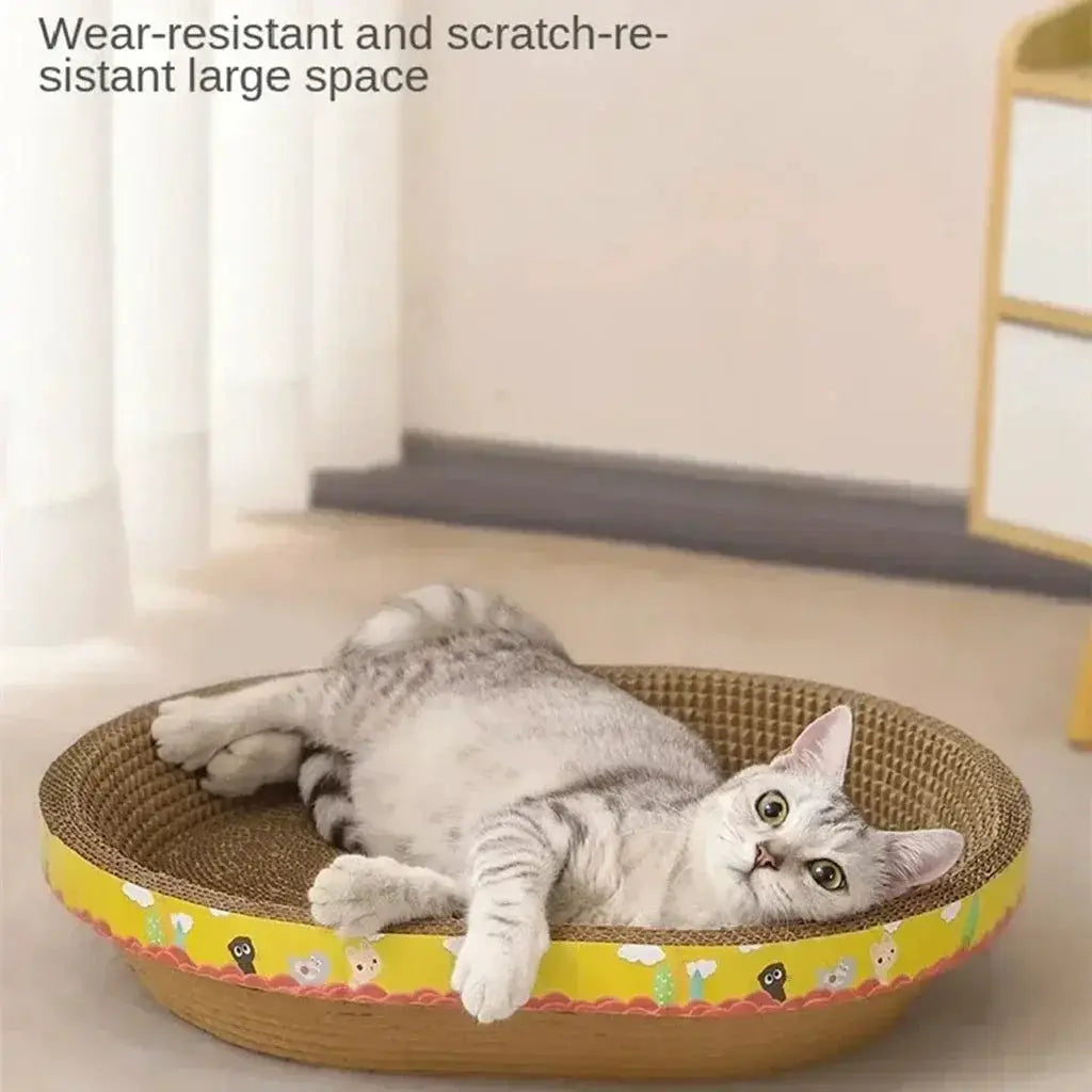 Cat scratching board, oval corrugated paper nest with colorful border, cat lounging