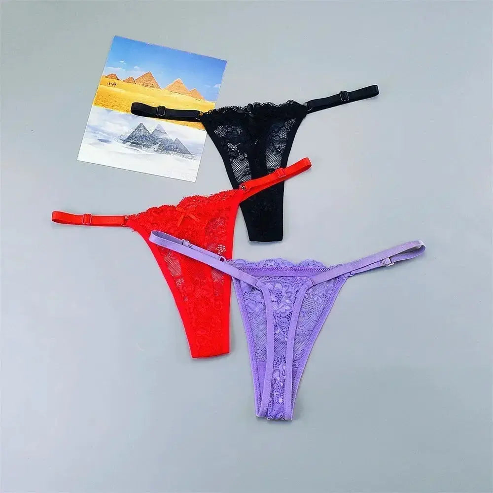 3-pack lace thong panties for women in black, red and lavender; adjustable straps, low-rise T-back by Simples Market