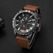 Mens Leather Strap Quartz Watch Large Dial Casual Sports Wristwatch With Arabic Numeral Markers