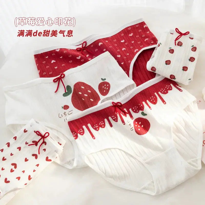 Women's cotton panties 5-piece set with strawberry and heart prints, mid-waist briefs by Simples Market