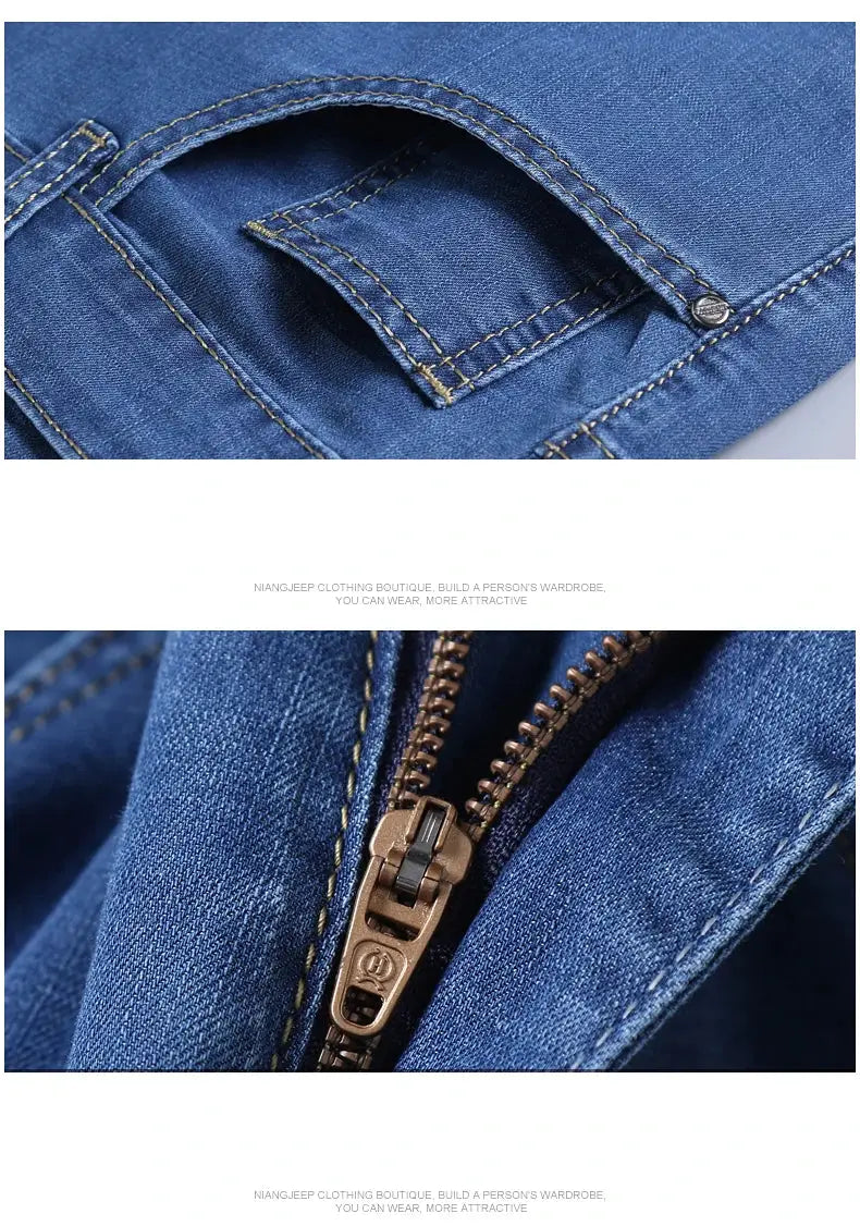 Men's elastic denim jeans by Simples Market; blue cotton-stretch pants with zip fly and pocket stitching