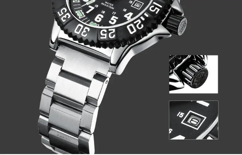 Addies Dive men's quartz watch with stainless steel band, black dial, rotating bezel and calendar date display