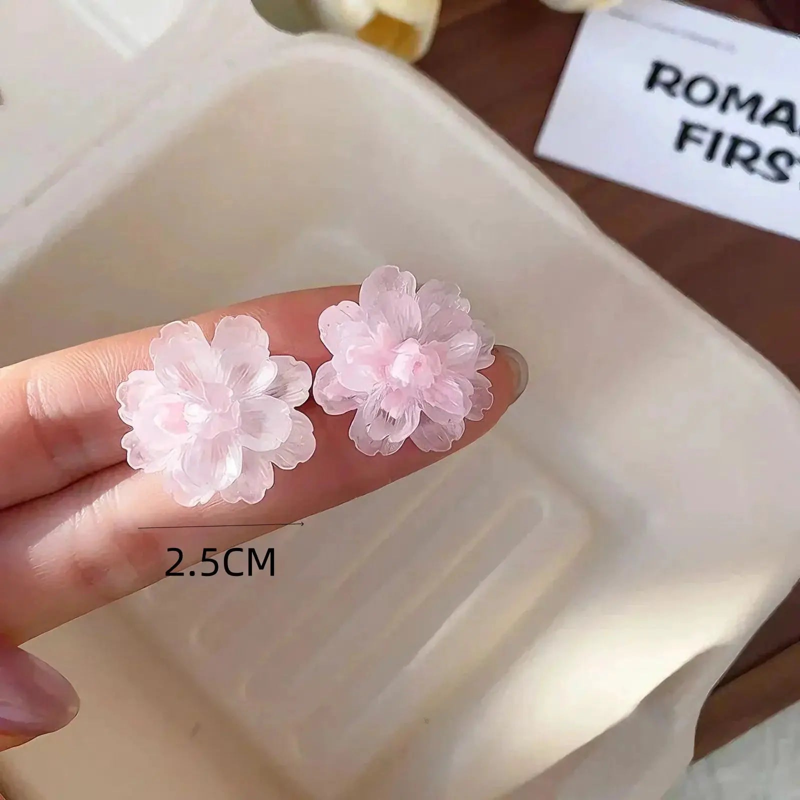 Pink-white camellia flower stud earrings for women, pair shown, each about 2.5 cm wide.
